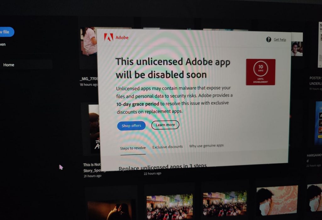 This Unlicensed Adobe App will be disabled soon di Program Adobe Photoshop, Illustrator, InDesign, Premiere